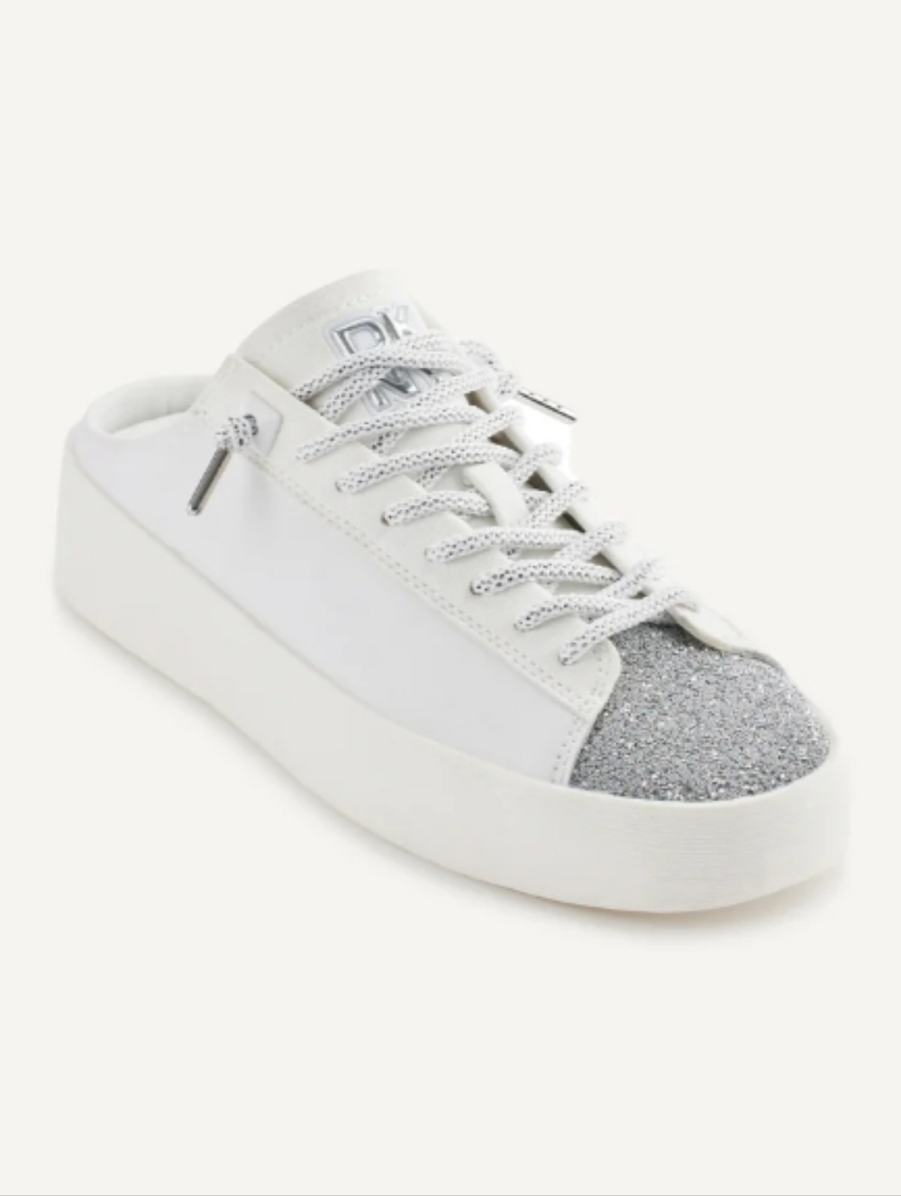 DKNY Garren White Leather Platform Mule Sneaker W Silver Metallic Size 9.5 NWT